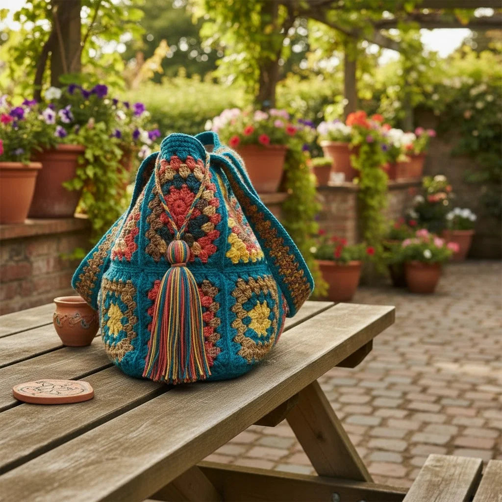 granny square tote bag colorful boho crochet shoulder handbag