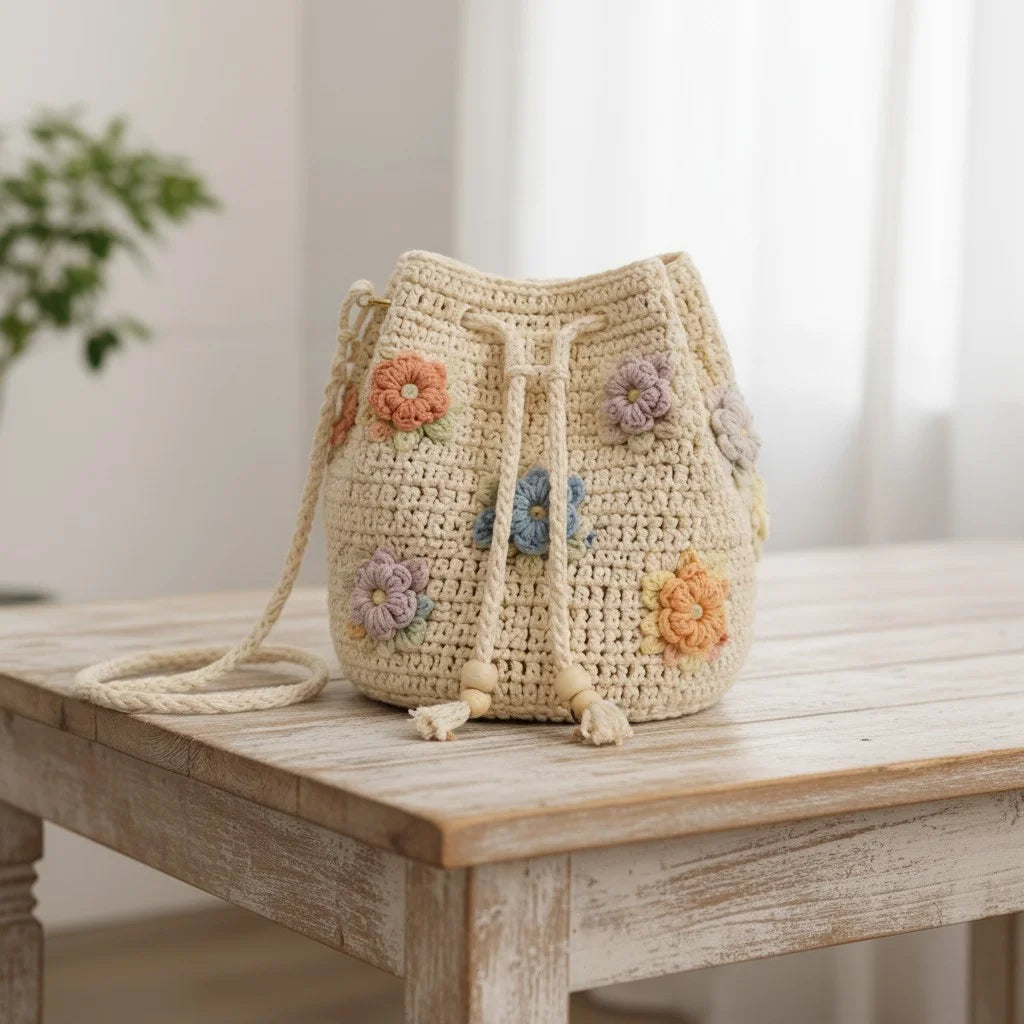 crochet bucket bag women floral boho drawstring handbag