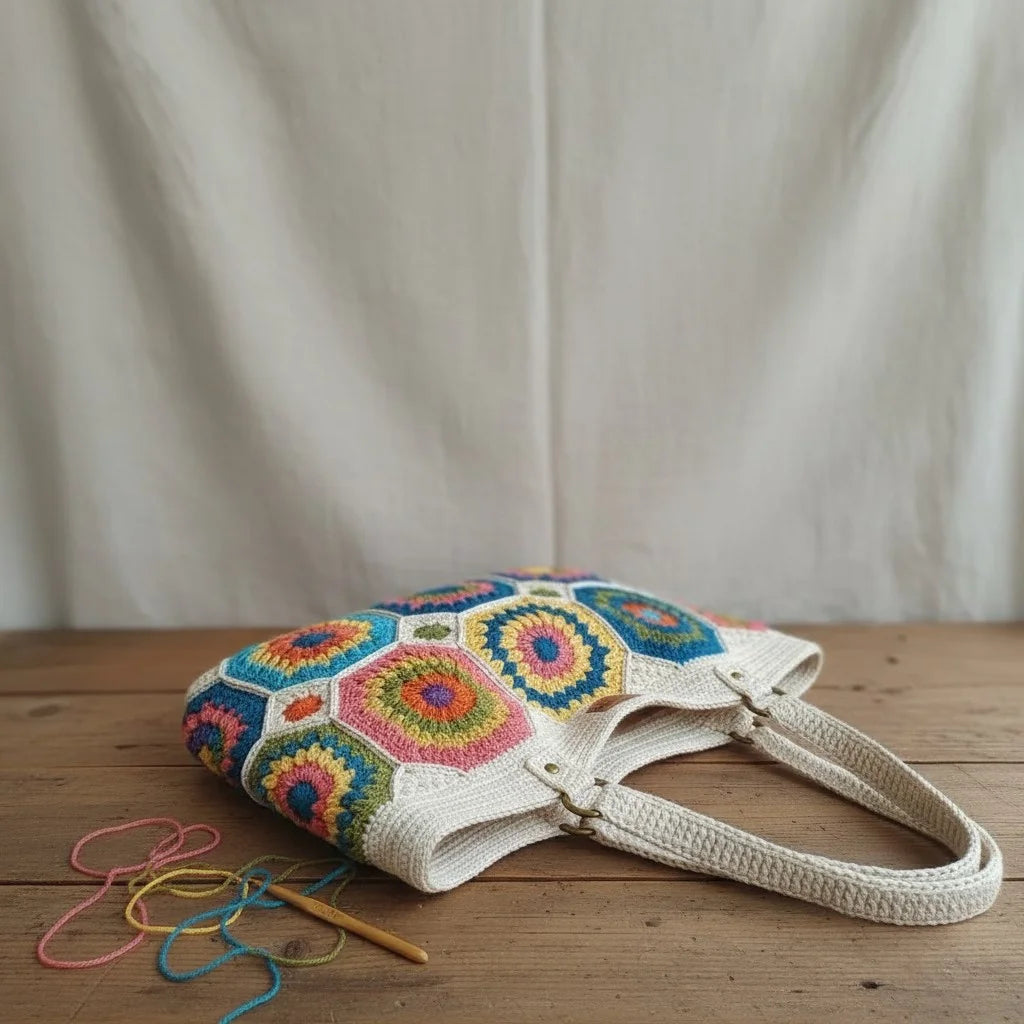 Crochet Granny Square Tote Bag featuring colorful hexagon patchwork design on a wooden table