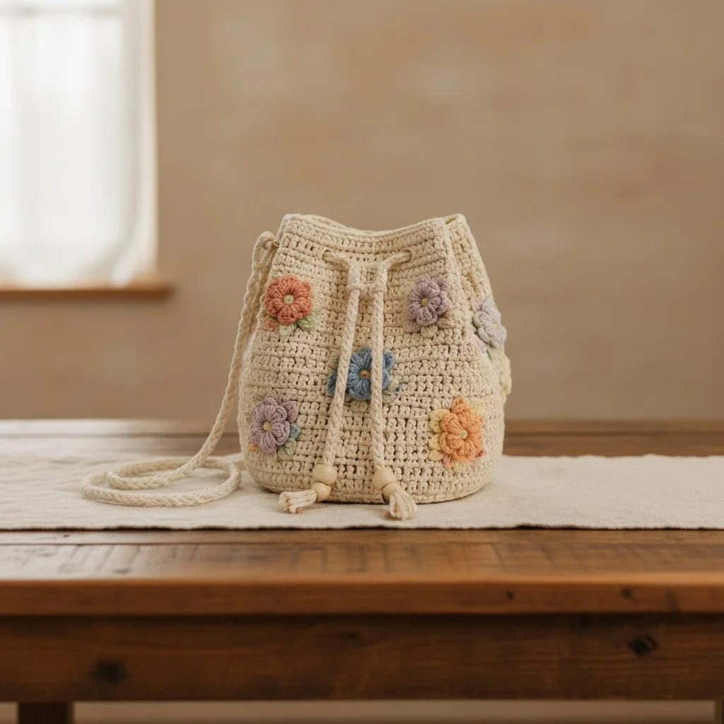 crochet bucket bag women floral boho drawstring handbag