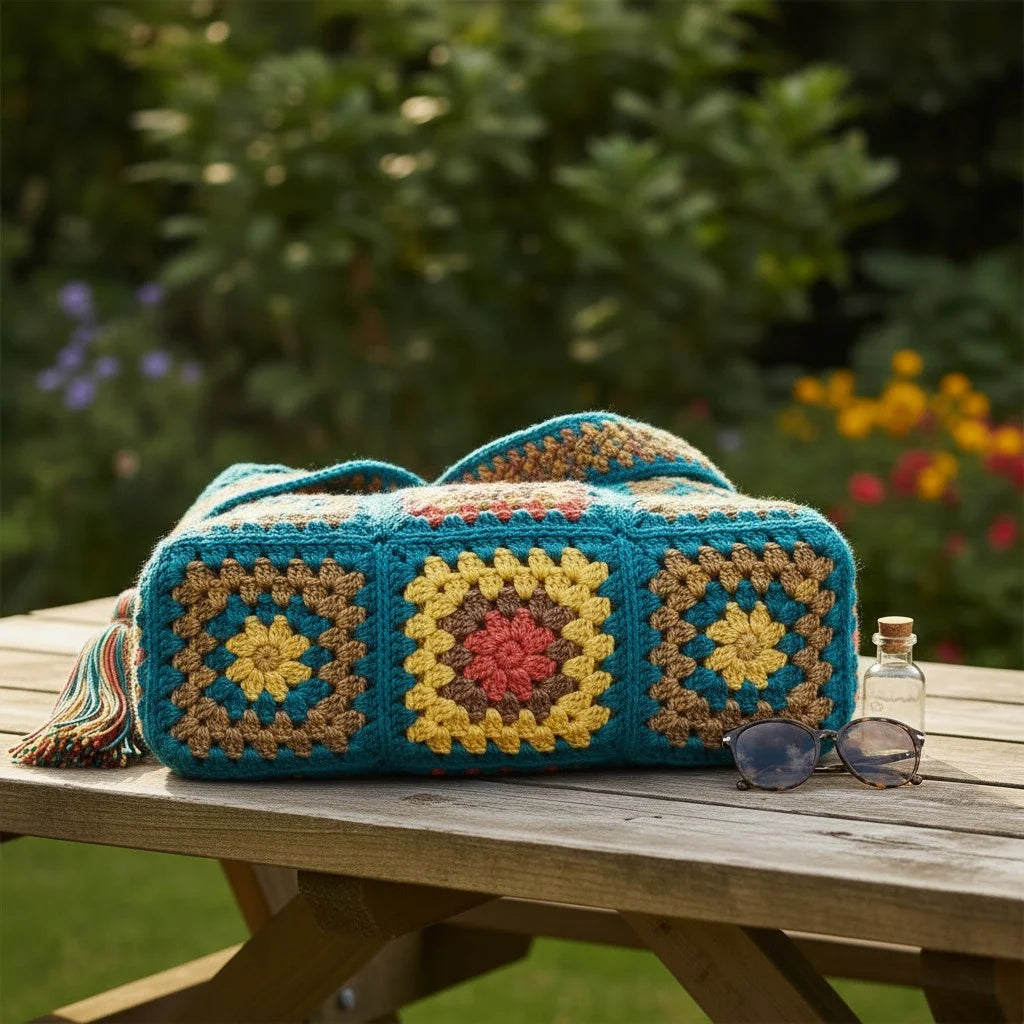 granny square tote bag colorful boho crochet shoulder handbag