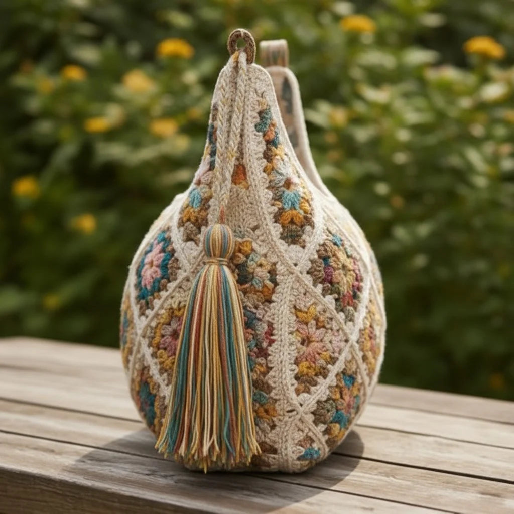 granny square crochet bag boho tassel shoulder tote