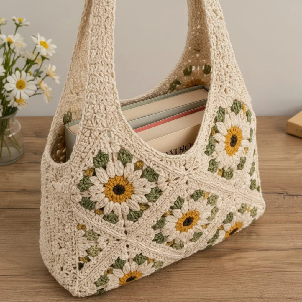 daisy crochet tote bag floral granny square shoulder handbag