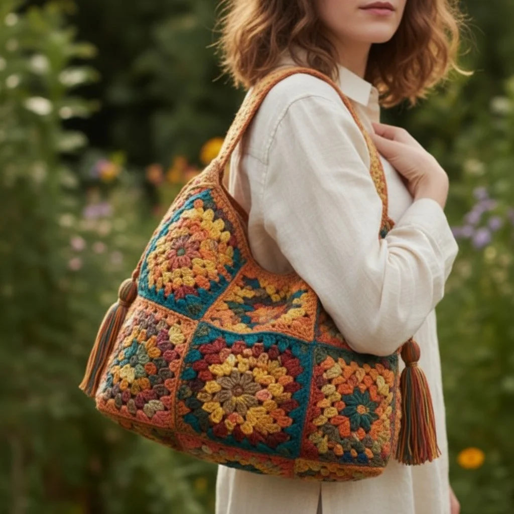 Vintage Crochet Tote Bag – Boho Granny Square Purse
