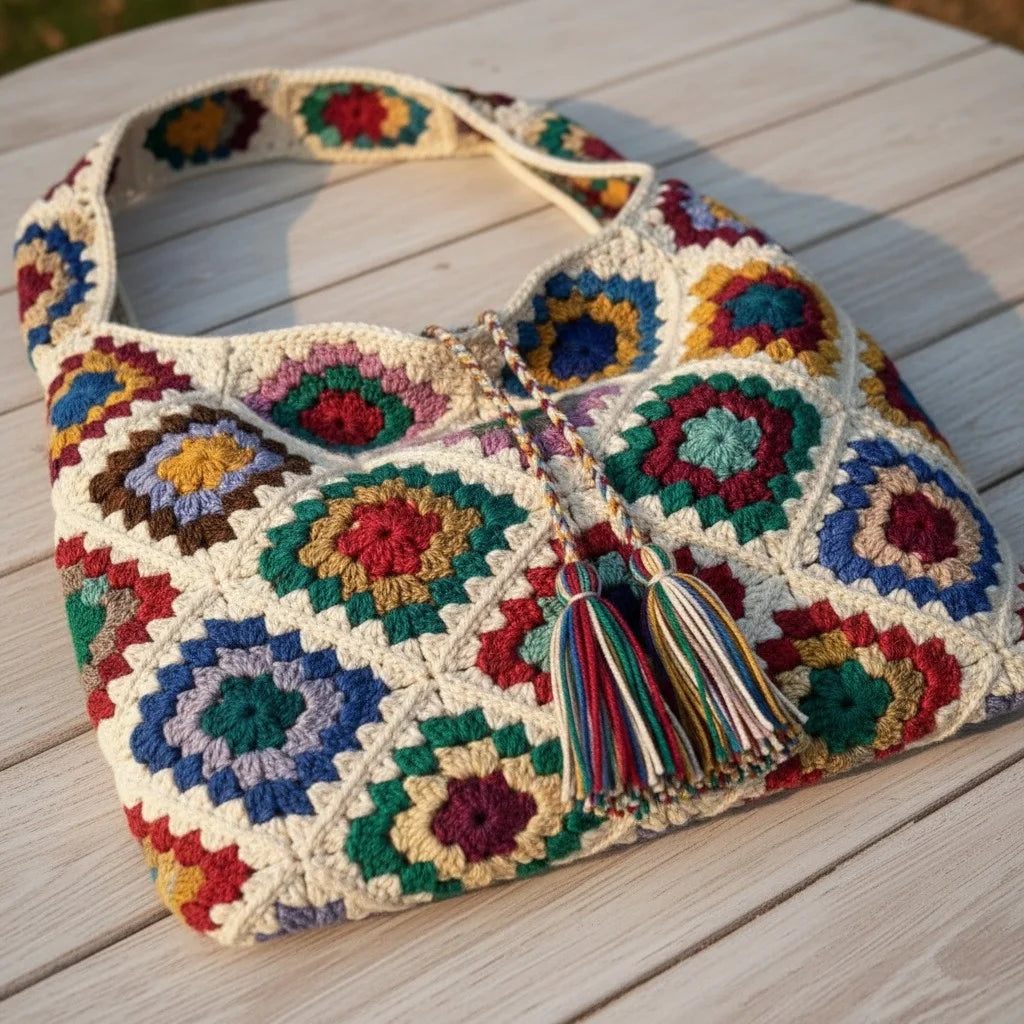 crochet patchwork bag colorful granny square boho handbag