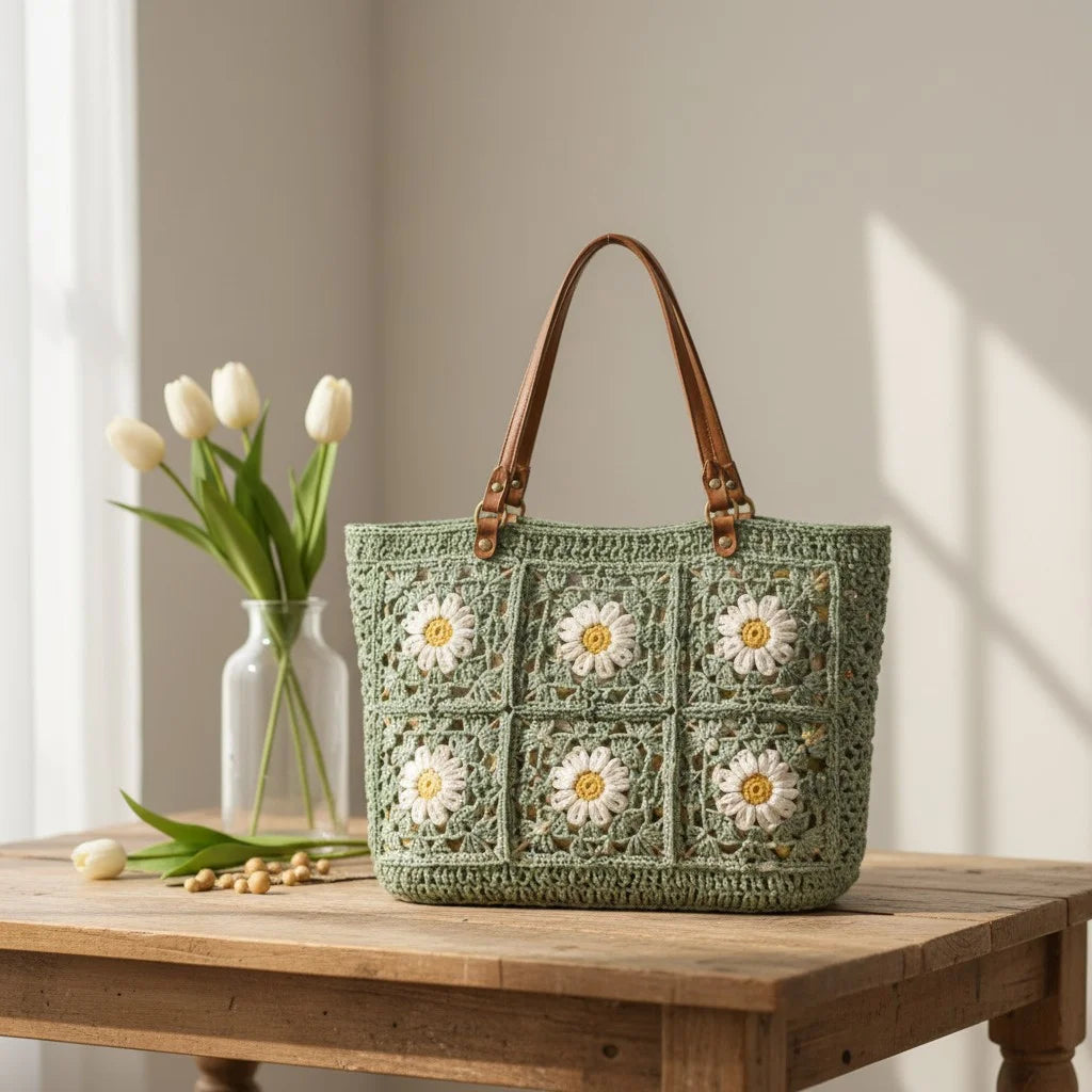 crochet tote bag women daisy granny square shoulder handbag