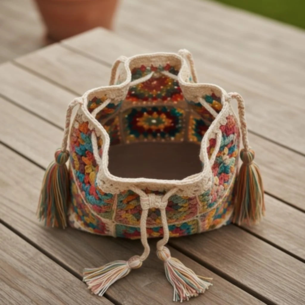 crochet bucket bag boho granny square handmade handbag