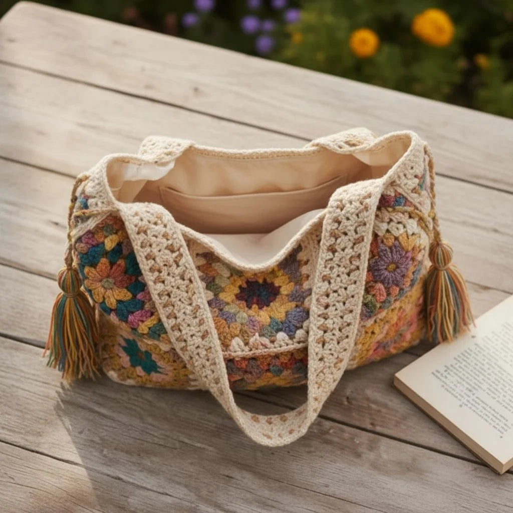 boho crochet shoulder bag granny square handmade tote purse