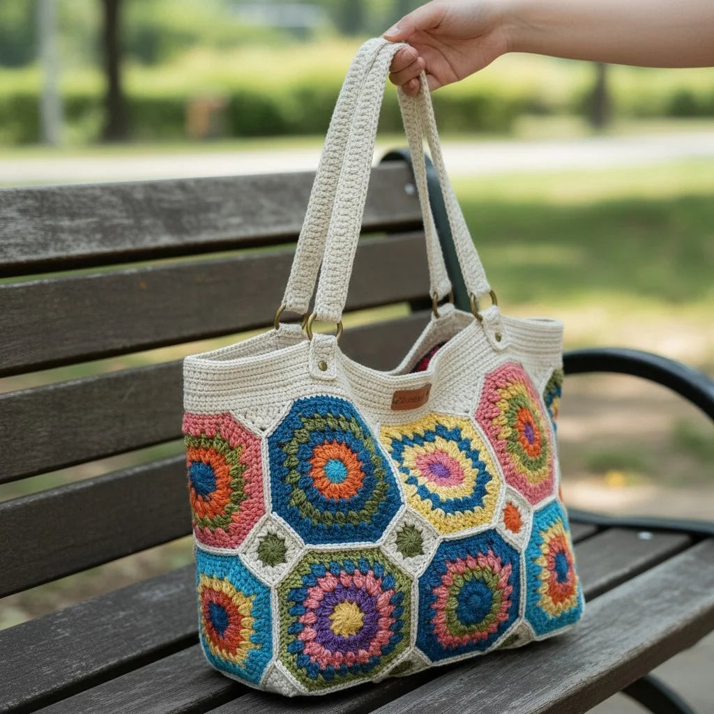 Crochet Granny Square Tote Bag on a bench, featuring colorful hexagon patchwork design and sturdy handles.