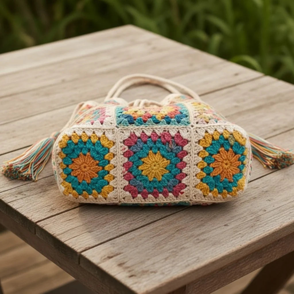 crochet bucket bag boho granny square handmade handbag