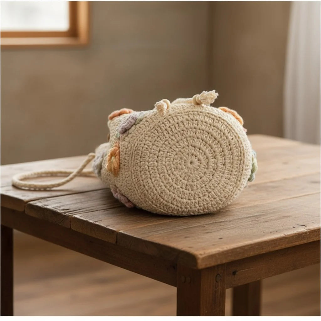 crochet bucket bag women floral boho drawstring handbag