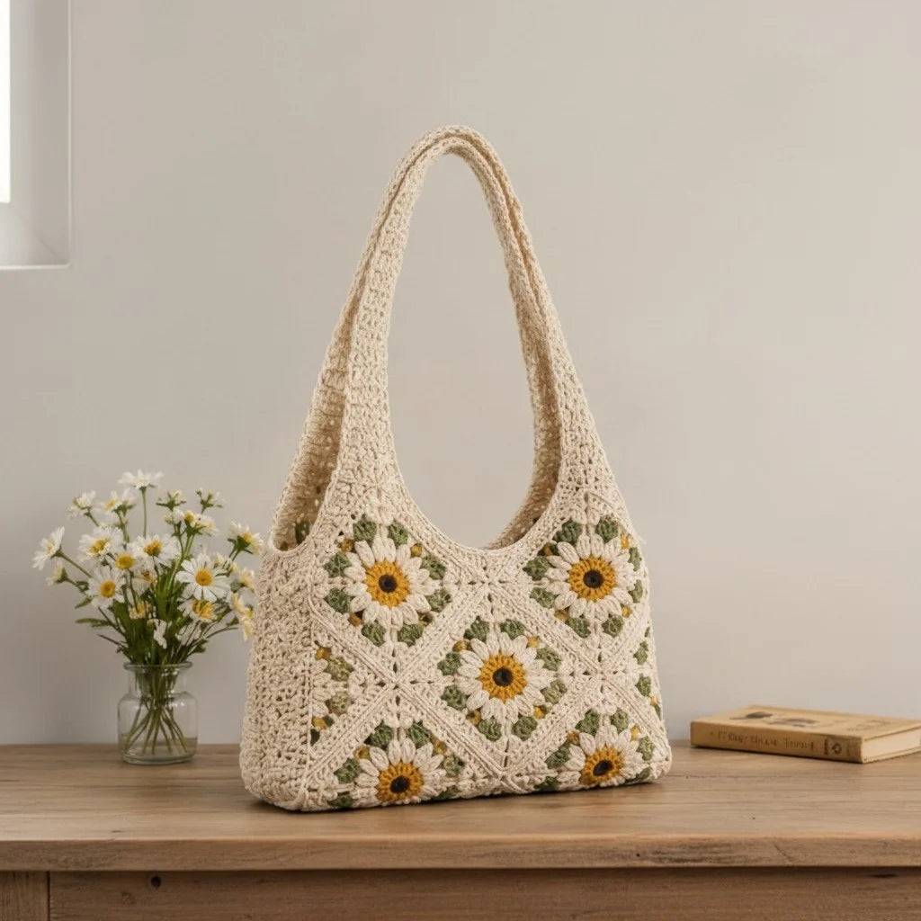 daisy crochet tote bag floral granny square shoulder handbag