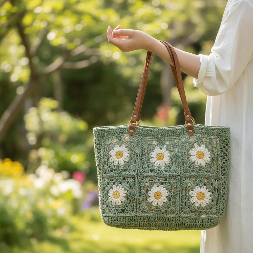 crochet tote bag women daisy granny square shoulder handbag