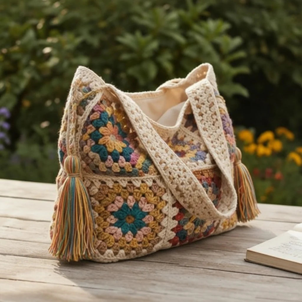 boho crochet shoulder bag granny square handmade tote purse