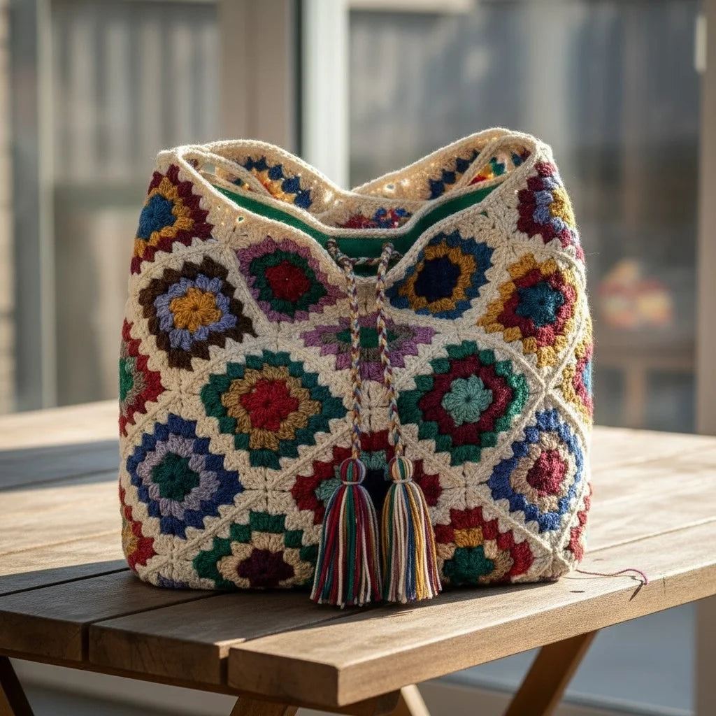 crochet patchwork bag colorful granny square boho handbag