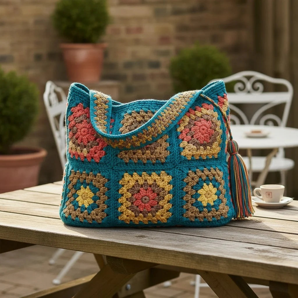 granny square tote bag colorful boho crochet shoulder handbag
