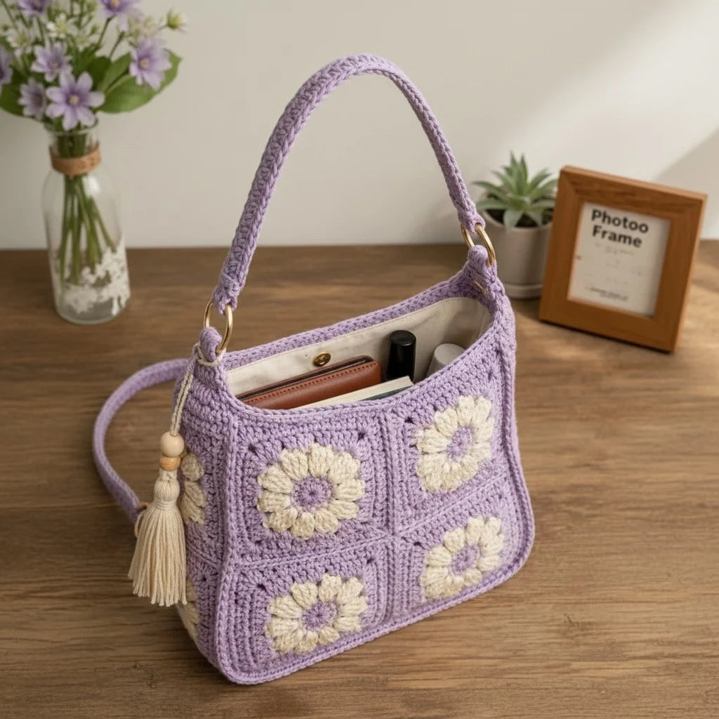 Crochet daisy bag women in lavender with floral granny square design and tassel detail.