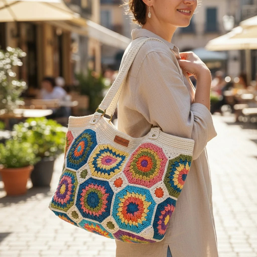 Crochet Granny Square Tote Bag featuring colorful hexagon patchwork design, perfect for stylish women.