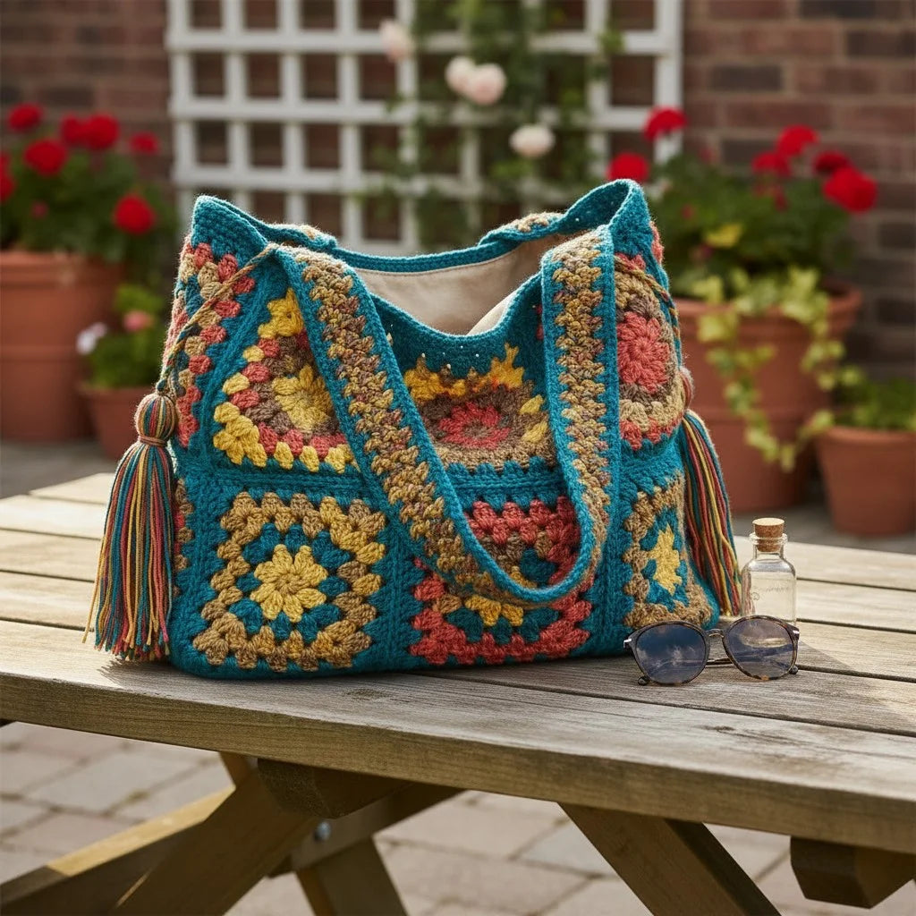 granny square tote bag colorful boho crochet shoulder handbag