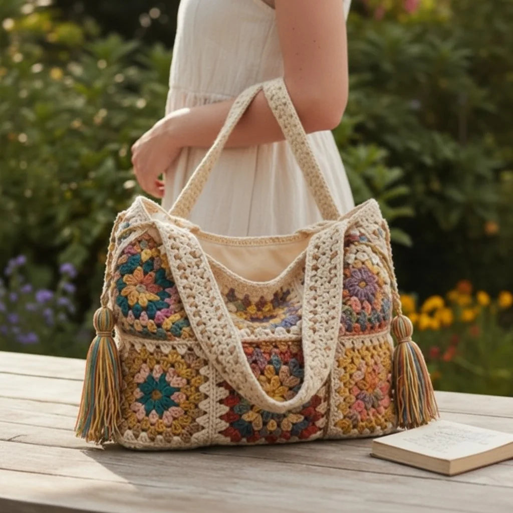 boho crochet shoulder bag granny square handmade tote purse
