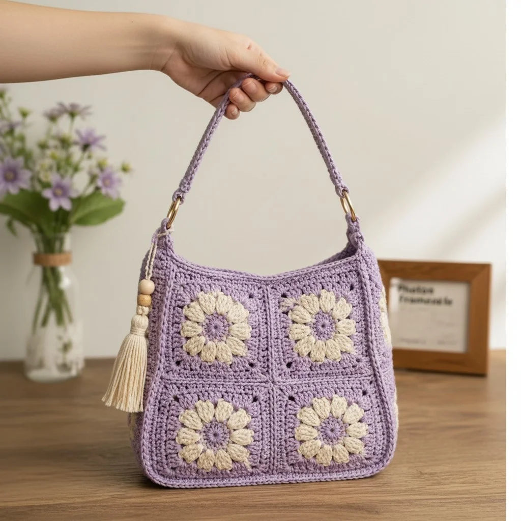 Crochet daisy bag women in lavender with floral granny square design, perfect for adding boho charm to any outfit.