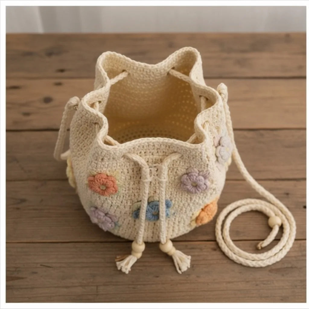 crochet bucket bag women floral boho drawstring handbag