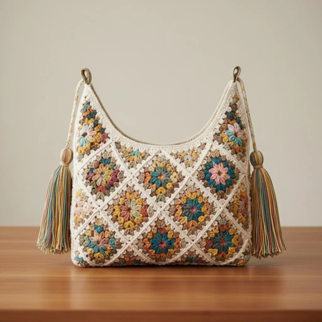 granny square crochet bag boho tassel shoulder tote
