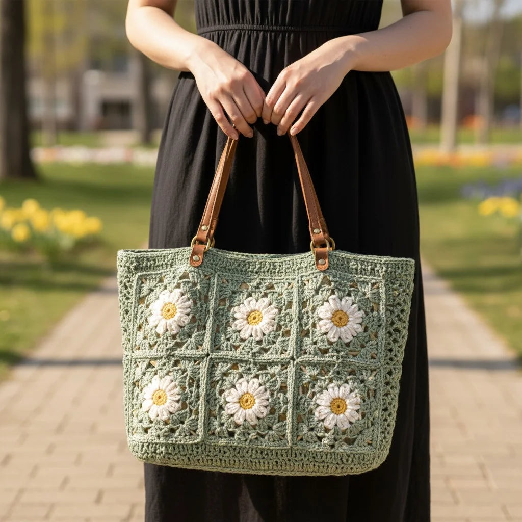 crochet tote bag women daisy granny square shoulder handbag