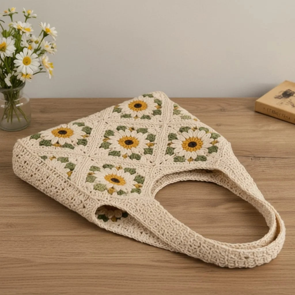 daisy crochet tote bag floral granny square shoulder handbag