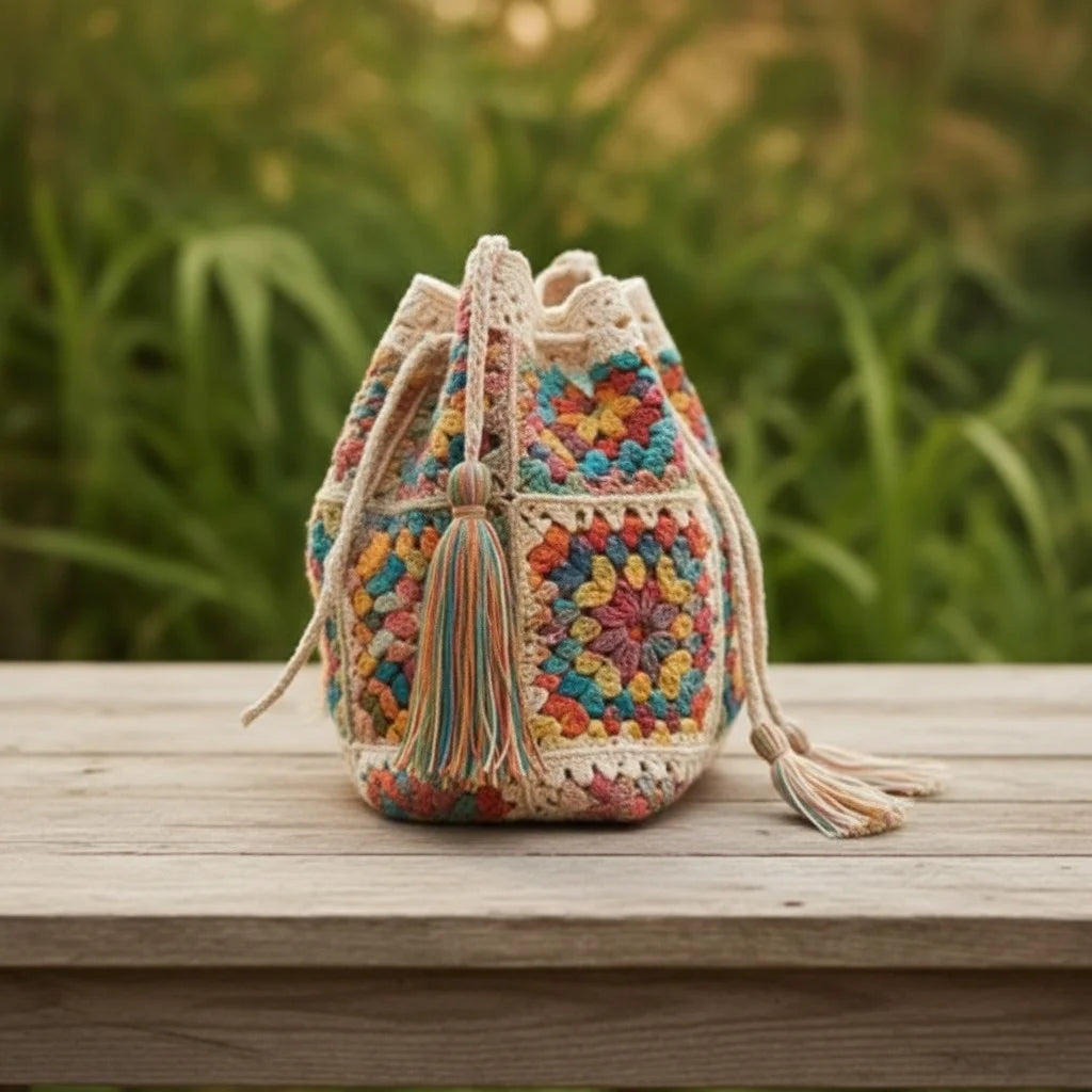 crochet bucket bag boho granny square handmade handbag