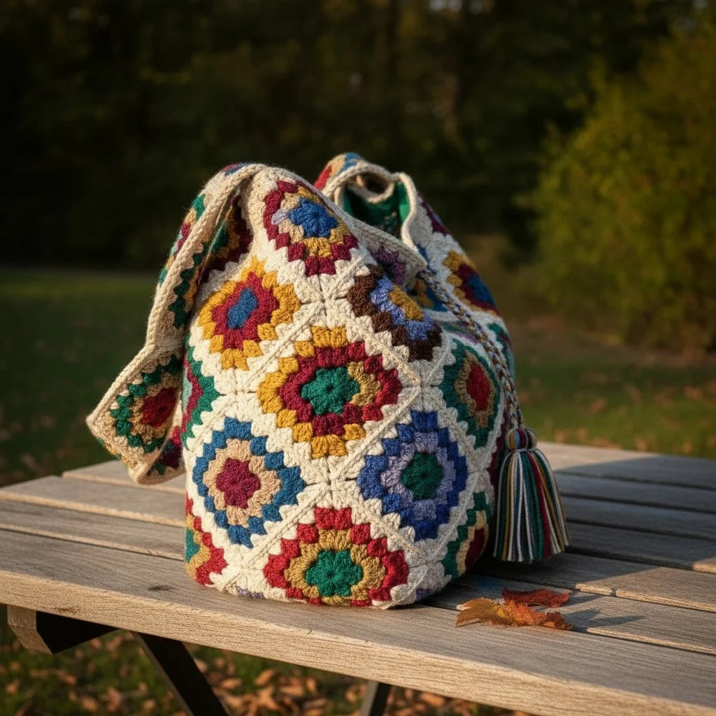 crochet patchwork bag colorful granny square boho handbag
