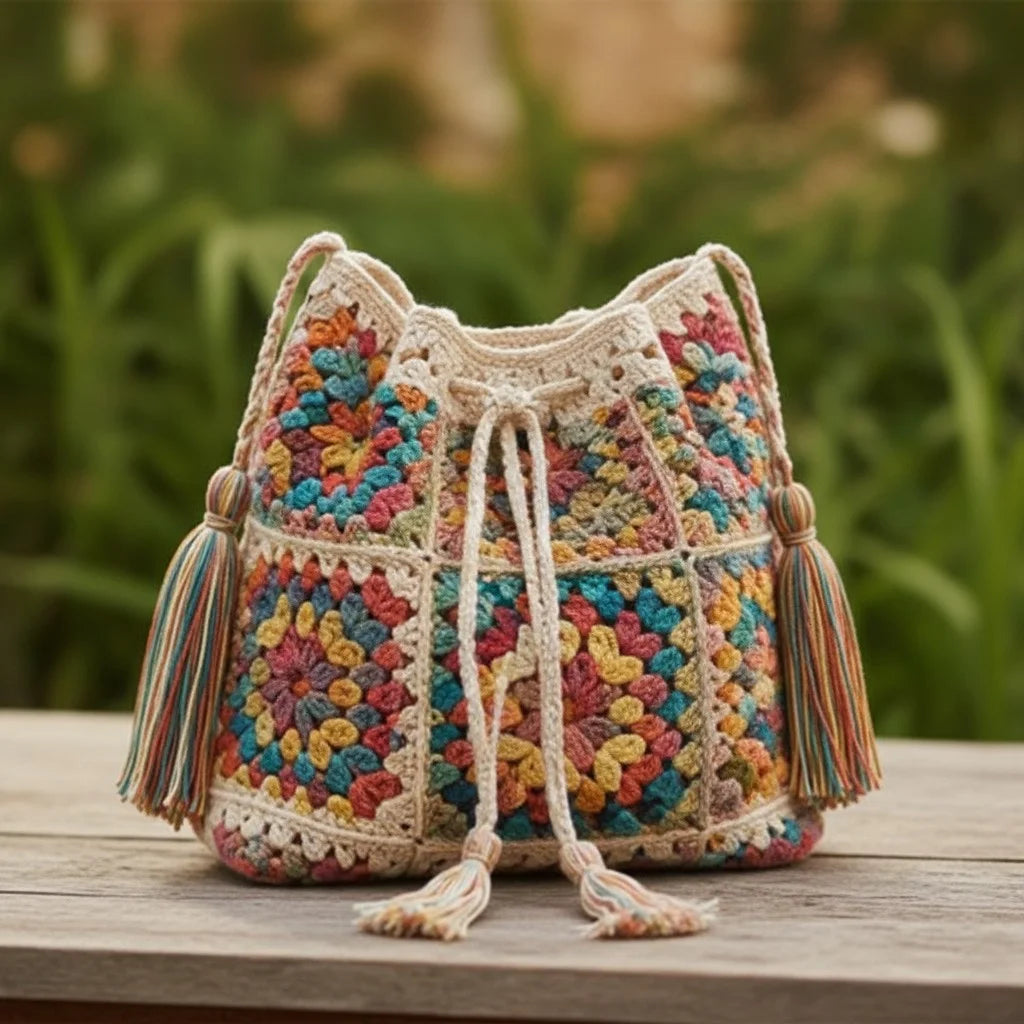 crochet bucket bag boho granny square handmade handbag