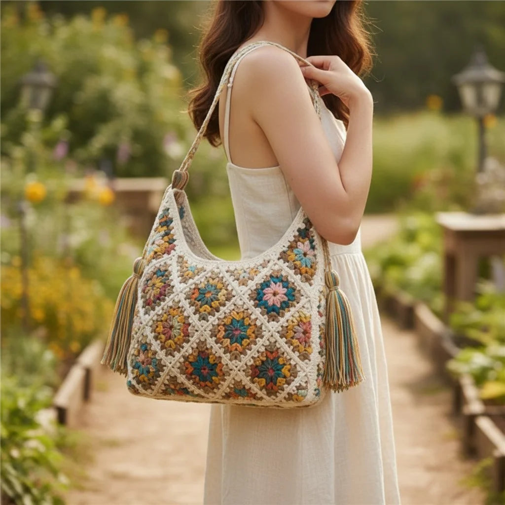 granny square crochet bag boho tassel shoulder tote
