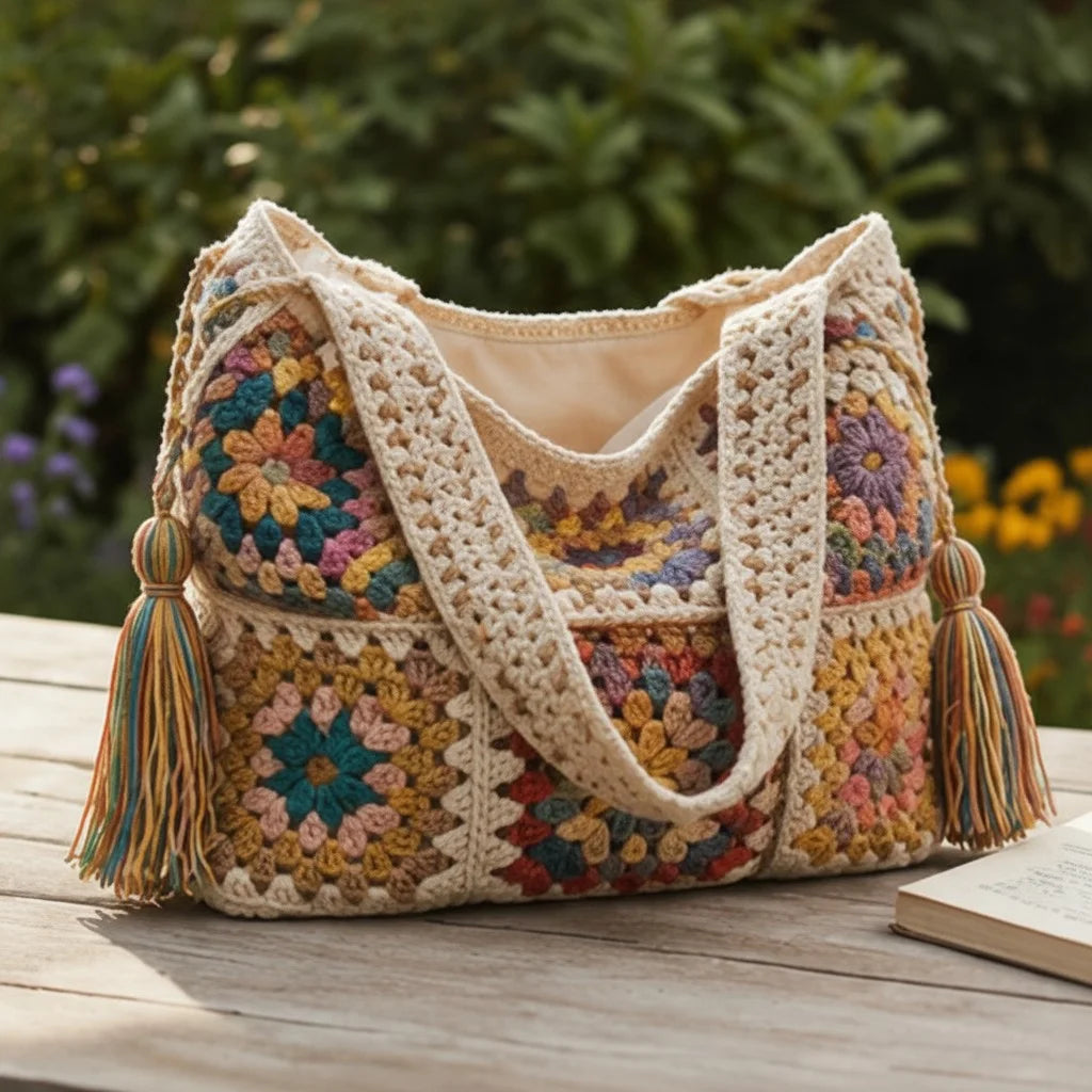boho crochet shoulder bag granny square handmade tote purse