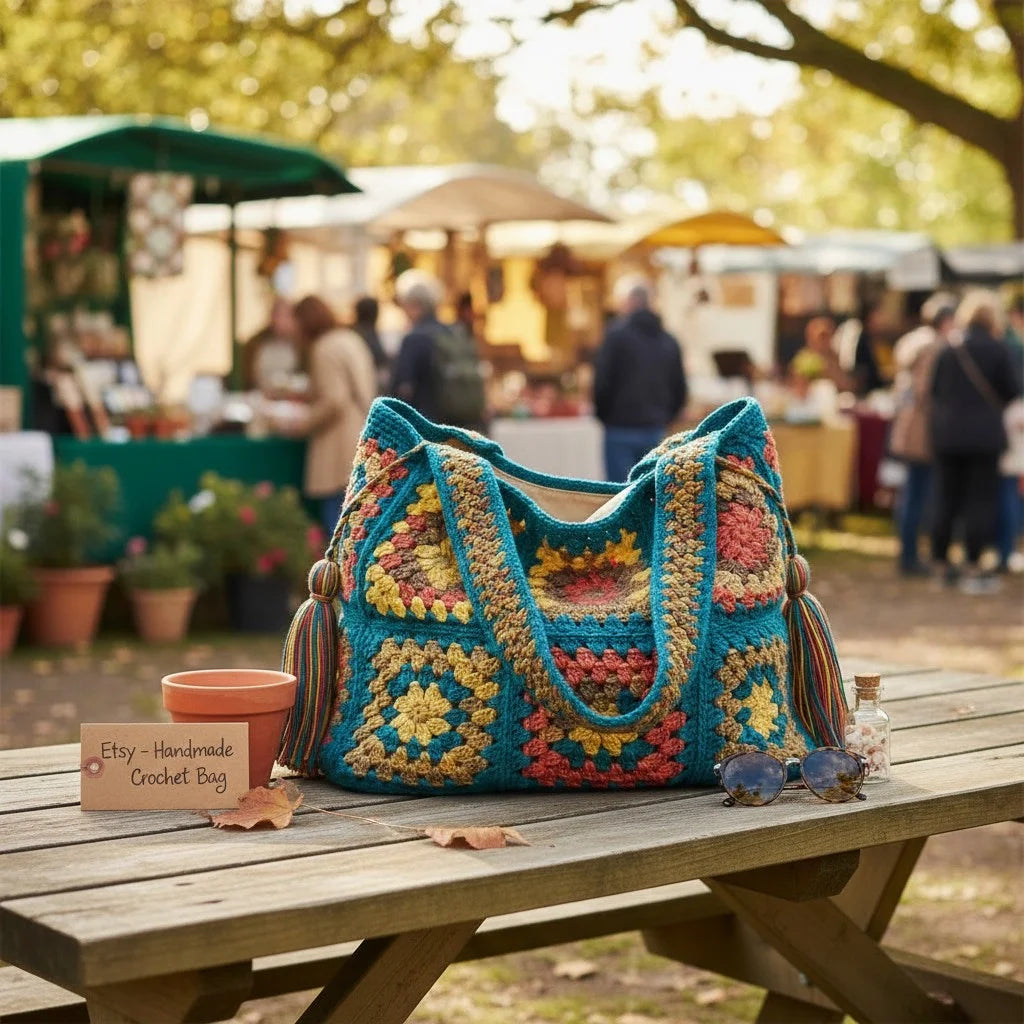 granny square tote bag colorful boho crochet shoulder handbag