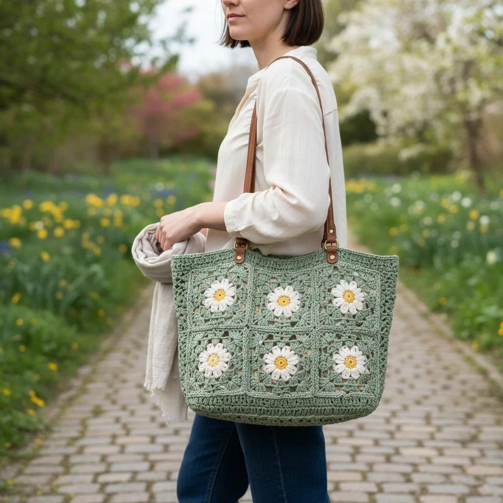 crochet tote bag women daisy granny square shoulder handbag