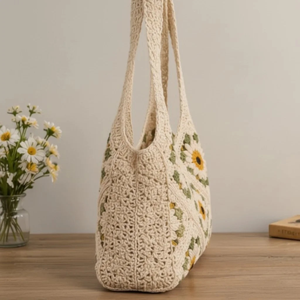 daisy crochet tote bag floral granny square shoulder handbag