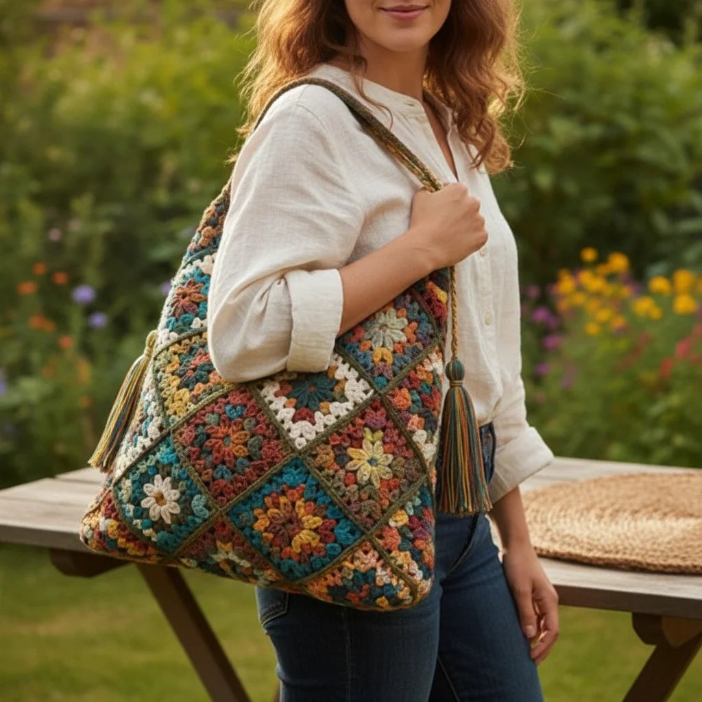 Boho Granny Square Tote – Crochet Patchwork Handbag