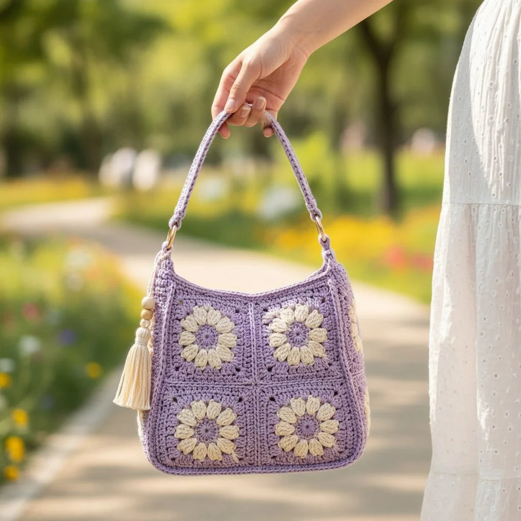 Crochet daisy bag women in lavender with floral granny square design, perfect for boho style outfits.