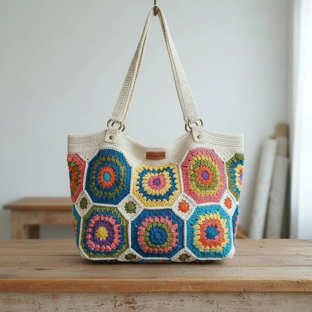 Crochet Granny Square Tote Bag - Colorful handmade boho hexagon patchwork design for women.