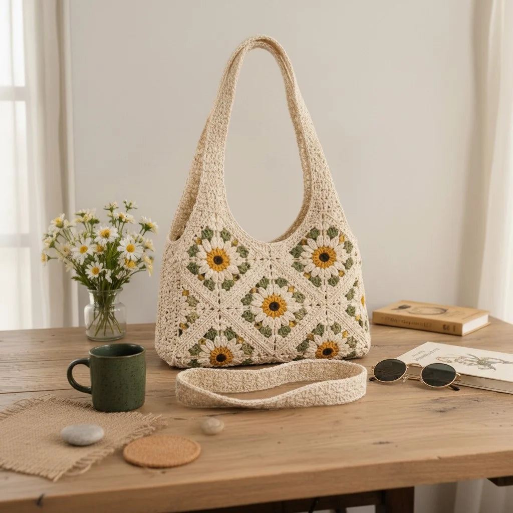 daisy crochet tote bag floral granny square shoulder handbag