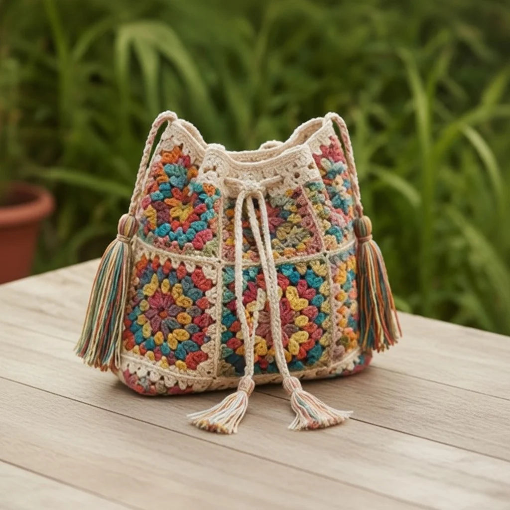 crochet bucket bag boho granny square handmade handbag