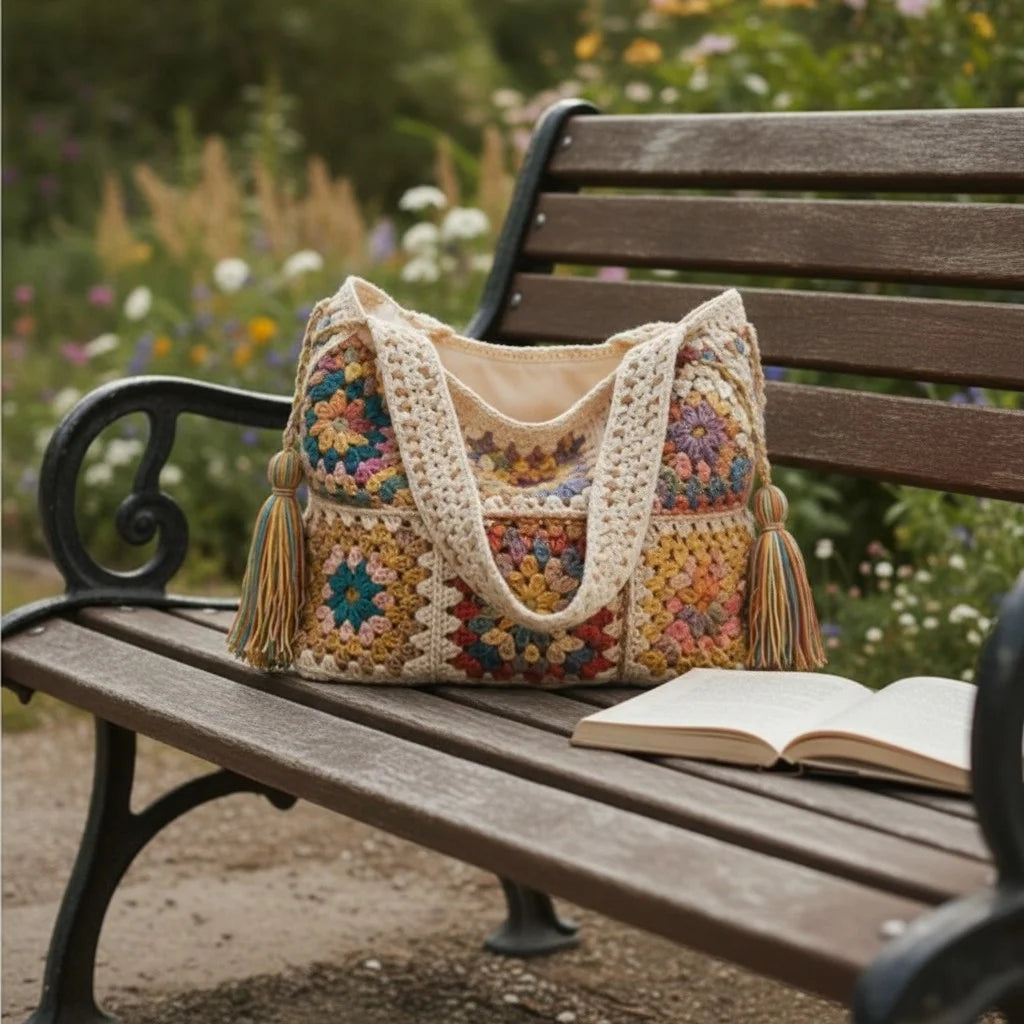 boho crochet shoulder bag granny square handmade tote purse