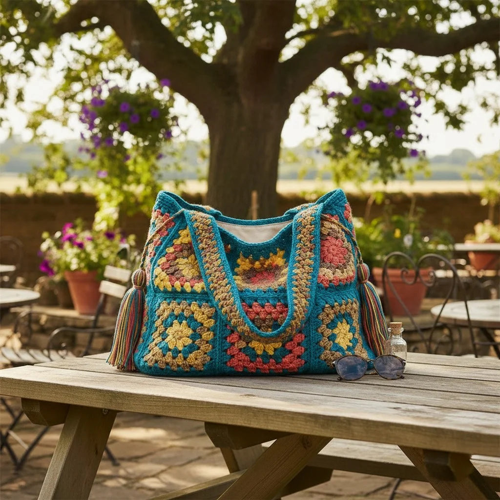 granny square tote bag colorful boho crochet shoulder handbag