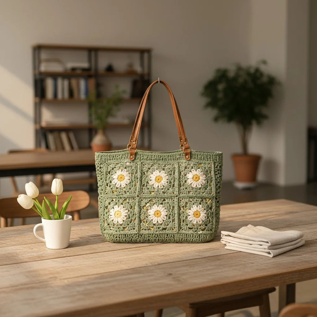 crochet tote bag women daisy granny square shoulder handbag
