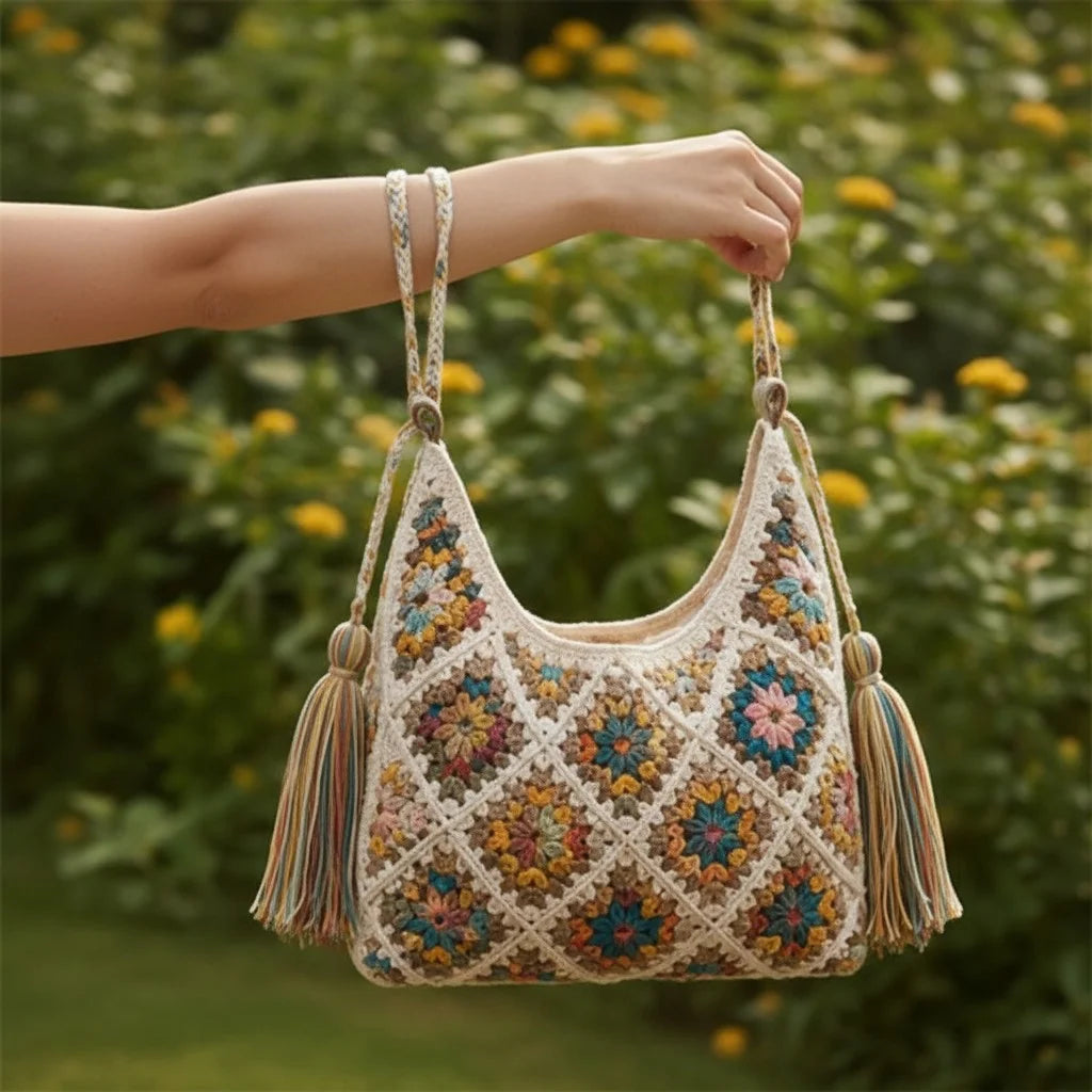 granny square crochet bag boho tassel shoulder tote