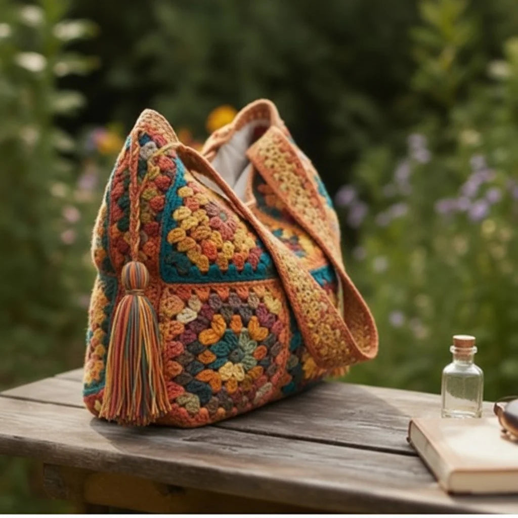 Vintage Crochet Tote Bag – Boho Granny Square Purse