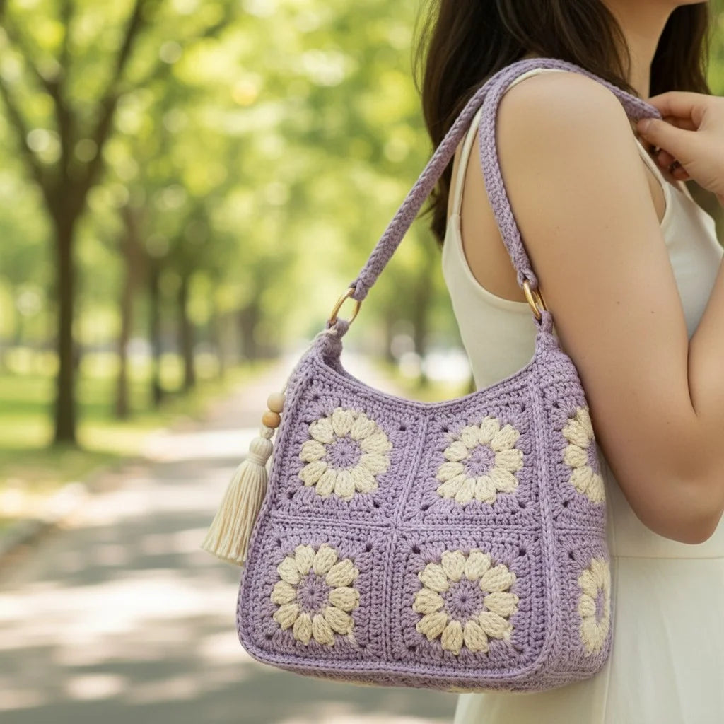 Crochet daisy bag women in lavender with floral granny square design, worn on shoulder outdoors.