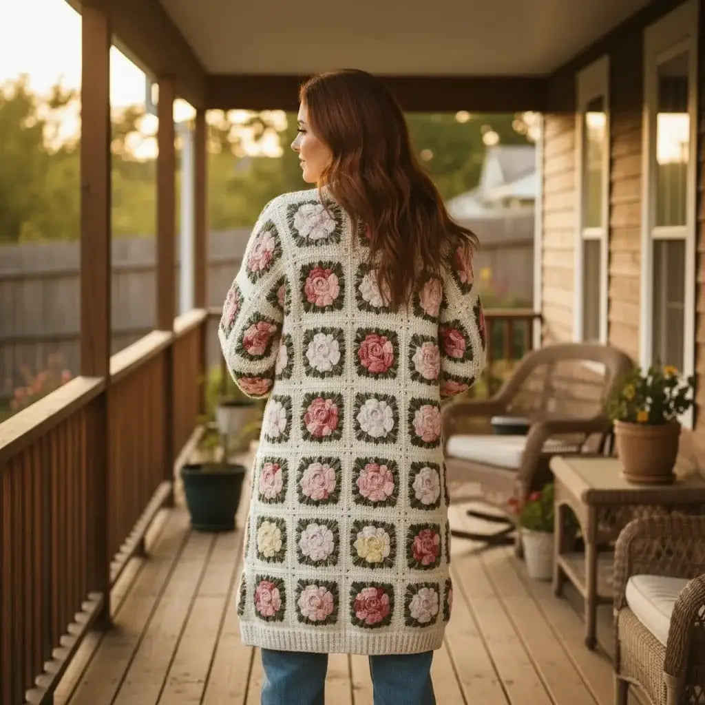 crochet cardigan women floral granny square long knit