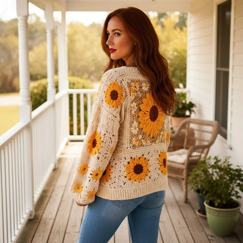 Crochet cardigan women featuring sunflower designs and granny square patterns, perfect for a boho-style outfit.